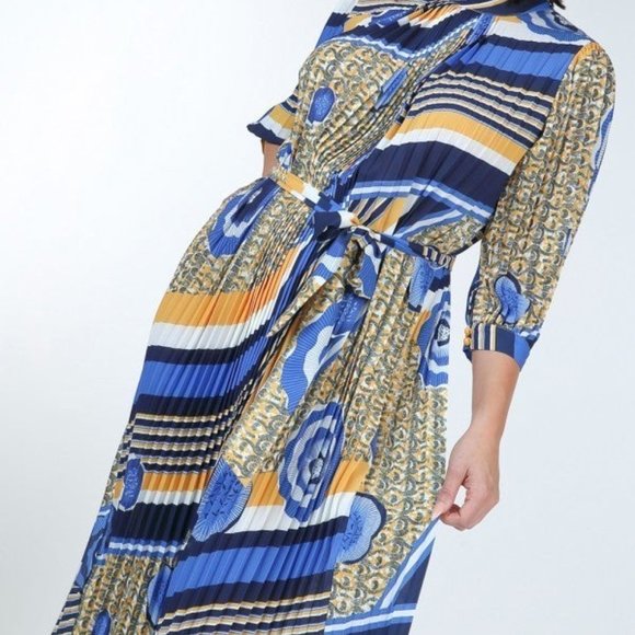 Women's Mellow Yellow Pleated Print Midi Beautiful Dress For Valentine NWT - Picture 2 of 5